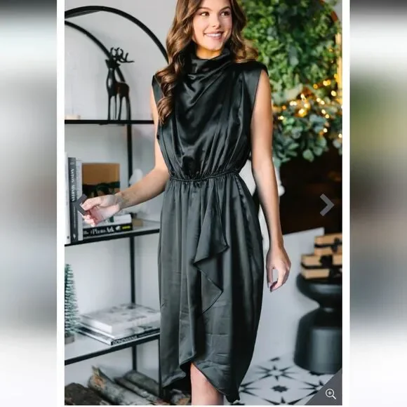 Entro Black Satin Draped Cowl Neck Midi Dress Small - Picture 2 of 7